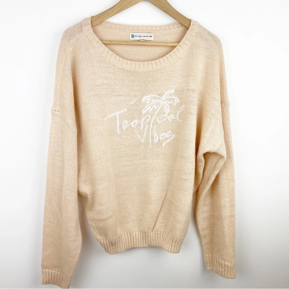Beachy x Goldfish Embroidered Tropical Vibes Ribbed Knit Sweater Size Medium